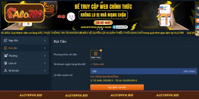 Rút Tiền ALO789 Với 3 Bước Rút Tiền Nhanh, Tiền Về Tức Thì 2 Hướng dẫn chi tiết các bước rút tiền ALO789 cho người mới